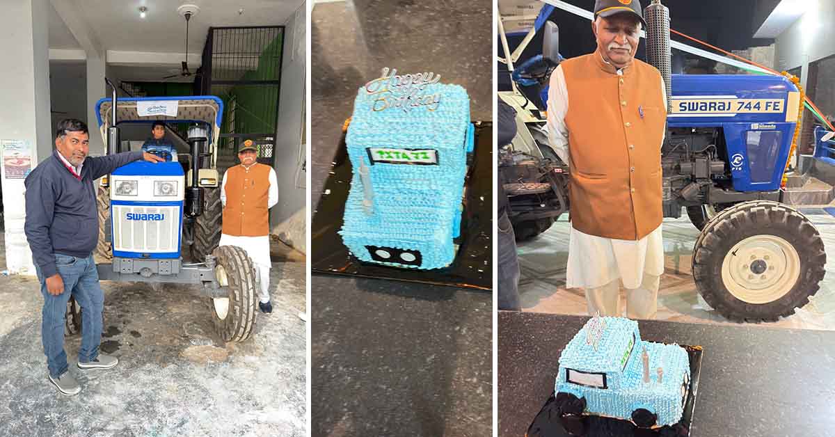 A collage showing a Swaraj 744 FE tractor with proud owners posing beside it, along with a unique tractor-shaped birthday cake made to celebrate the occasion, showcasing a heartfelt and creative celebration of the tractor's importance